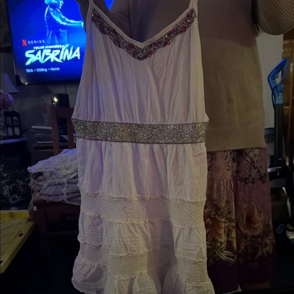 White Dress with Silver and Pink Accents